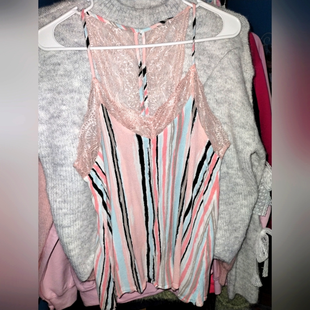 Striped Lace Trim Cami- Medium